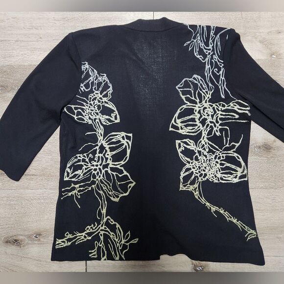 MISOOK Embroidered One Button Knit Suit Jacket Black Shoulder Padded Size L - Picture 2 of 5